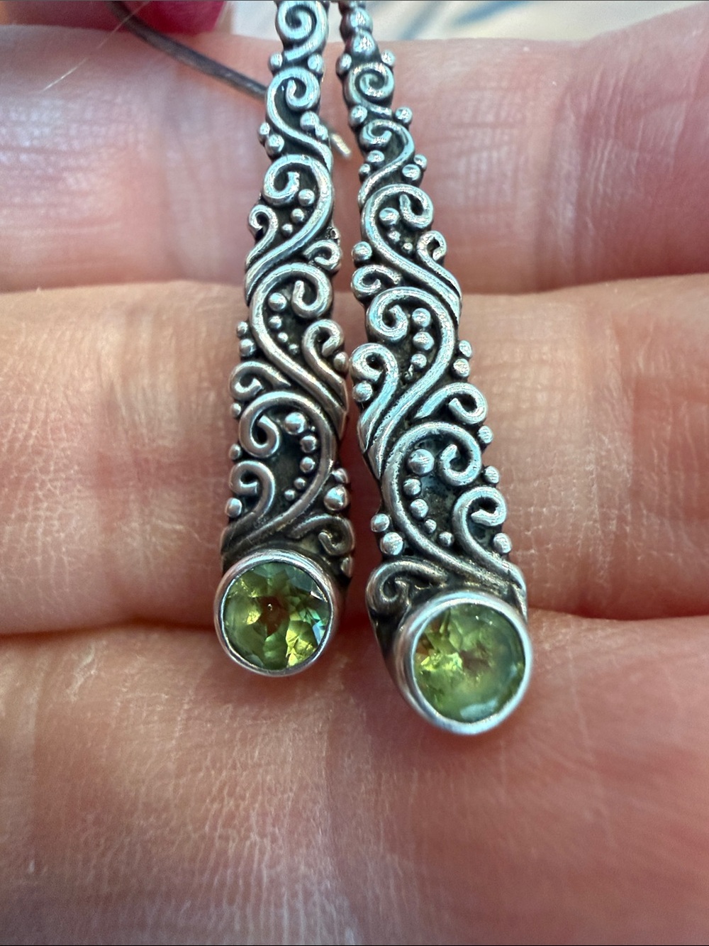 Solid Sterling Silver 925 Filigree Drop Earrings with Green Peridot Gemstone